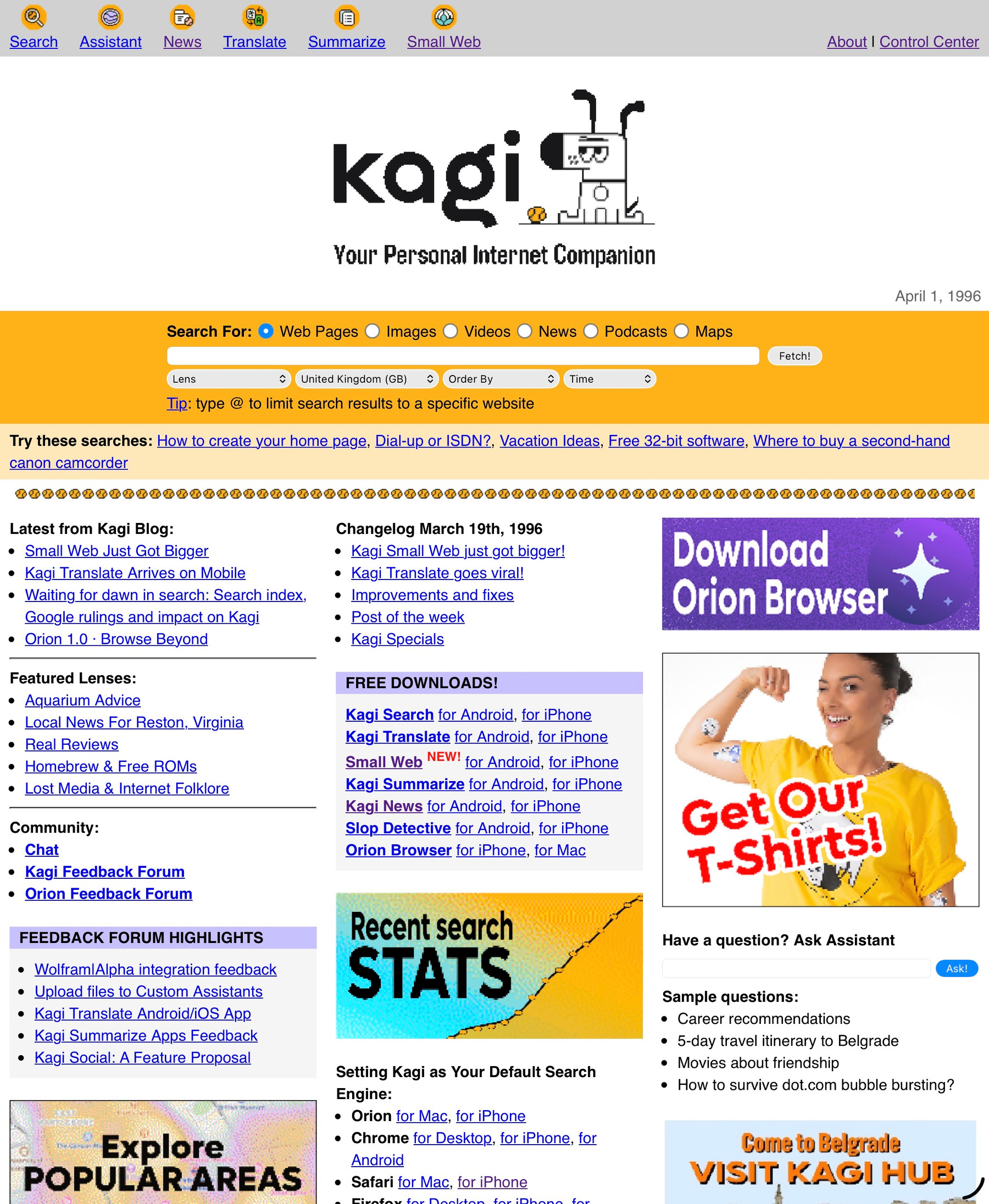 Kagi April Fools day homepage, in the style of a mid-90s search engine